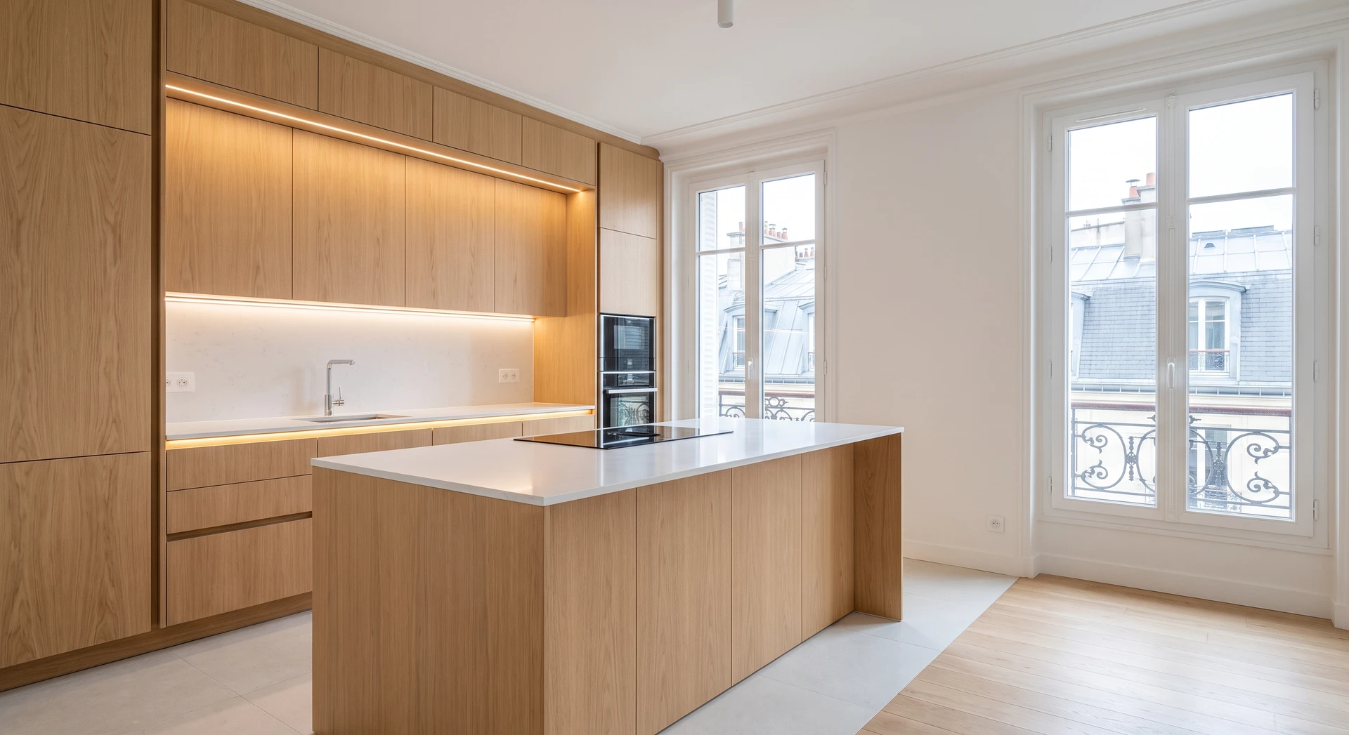 Photographie professionnelle d'une cuisine sur mesure récemment posée, avec façades de bois clair ou teinté, intégrée dans un espace de vie moderne et épuré. Le cliché montre l'agencement complet avec rangements, plan de travail et détails de finition, témoignant du savoir-faire en menuiserie intérieure et personalisation sur mesure.