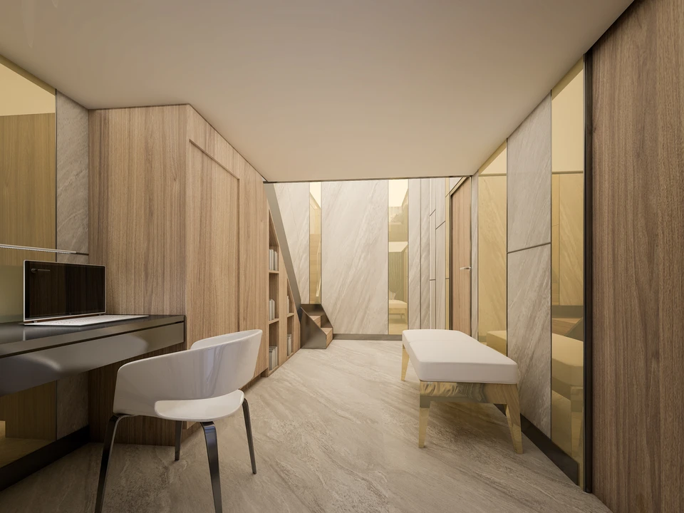 Intérieur moderne minimaliste avec escalier en bois, mobilier contemporain blanc et surfaces en bois clair
