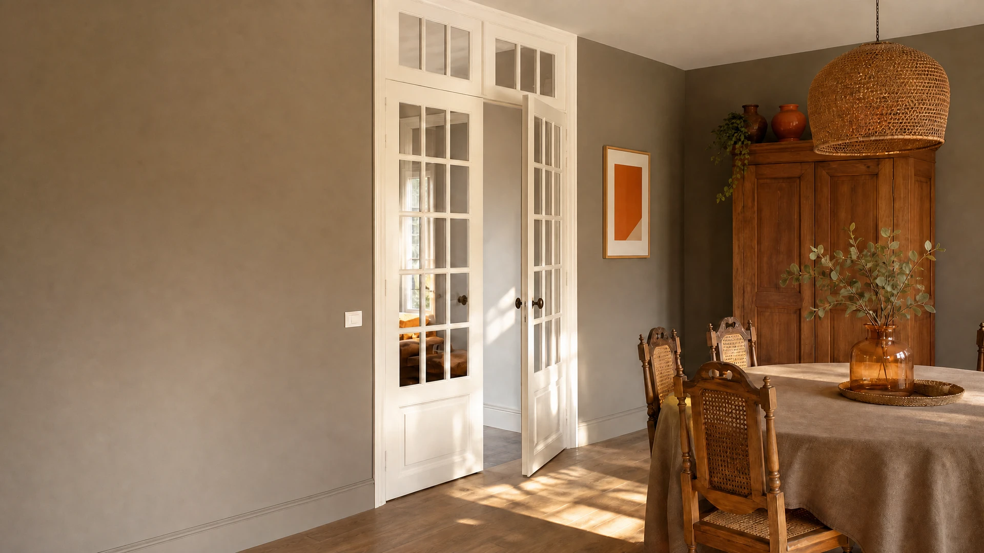 Intérieur résidentiel avec deux portes blanches fermées côte à côte