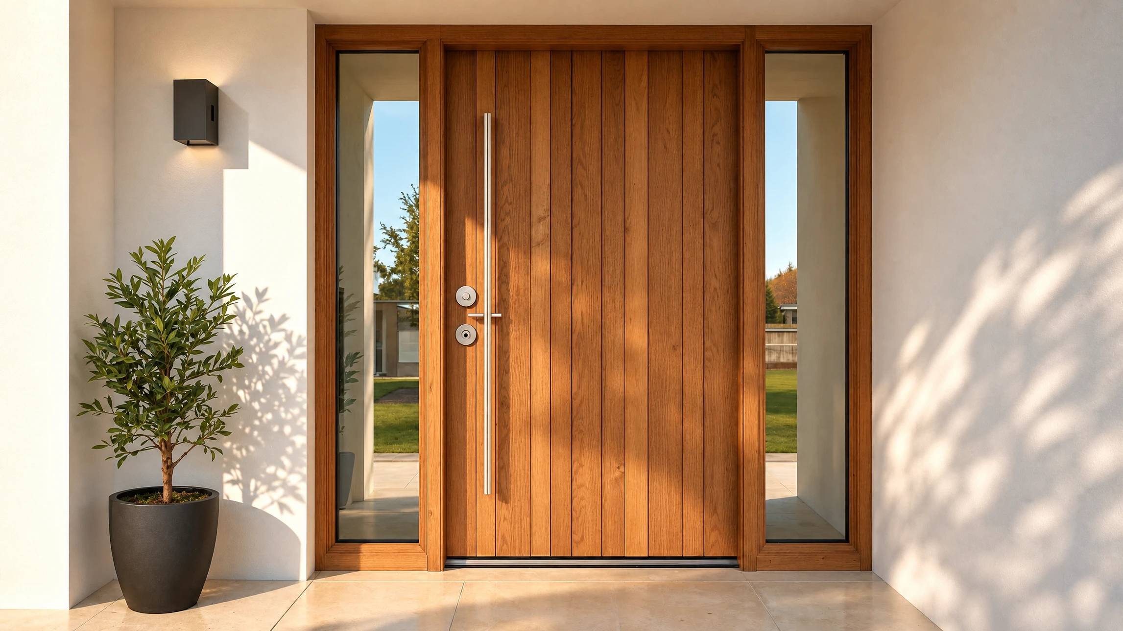 Porte d'entrée sécurisée en bois clair avec poignée en acier inoxydable brossé